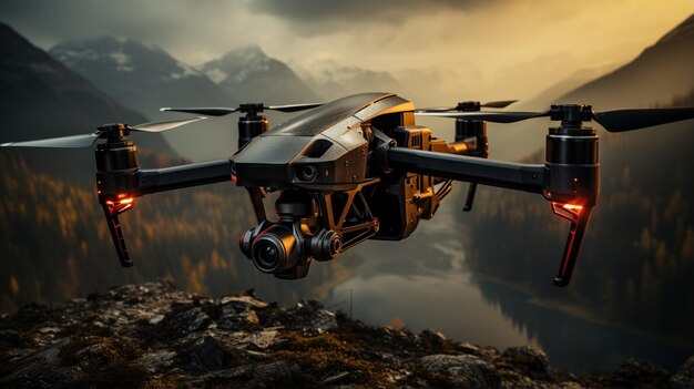 Fotocamera drone che vola nel cielo e cattura le immagini