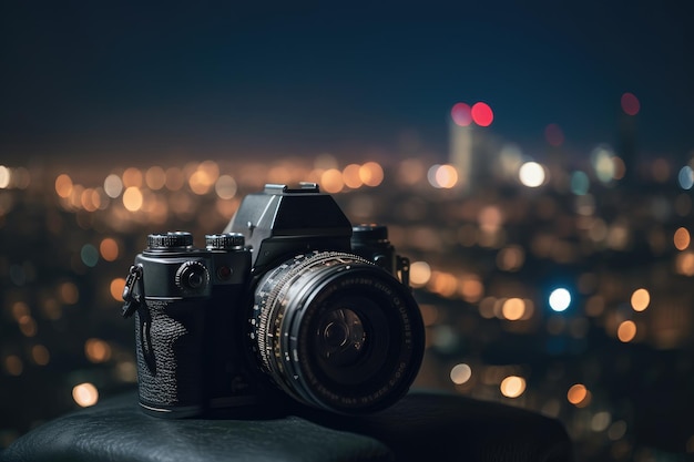 Fotocamera DSLR nella parte anteriore con effetto bokeh del paesaggio urbano sullo sfondo IA generativa