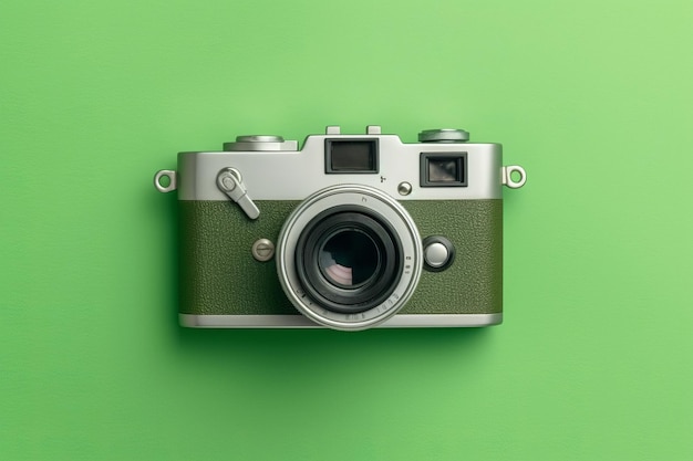 Fotocamera per la Giornata mondiale della fotografia sulla vista dall'alto di sfondo verde