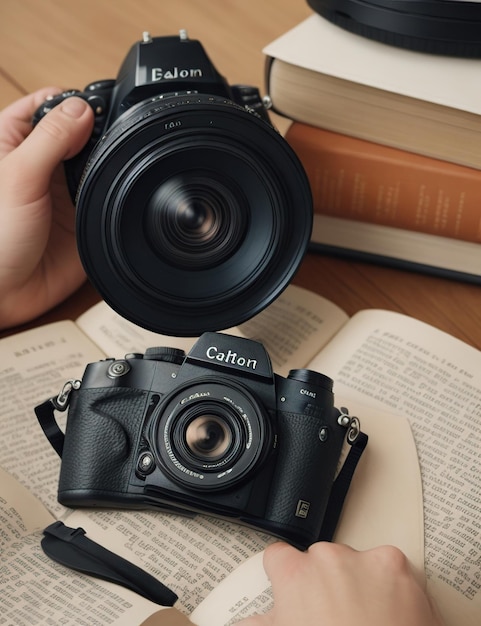 Fotocamera posta accanto a un libro aperto