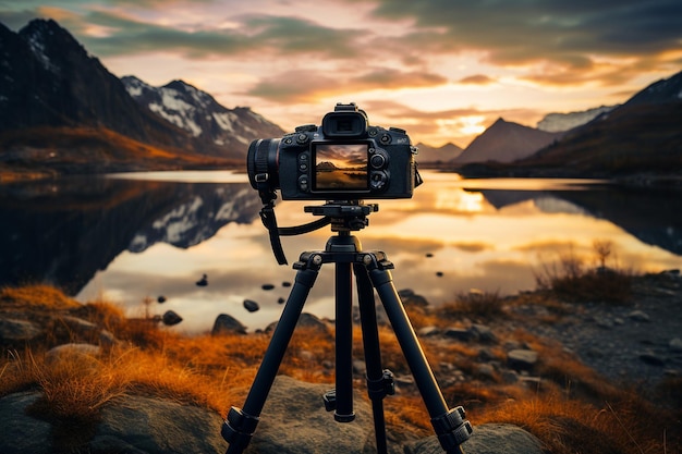 Fotocamera professionale con sfondo di montagna su treppiede Intelligenza artificiale generativa