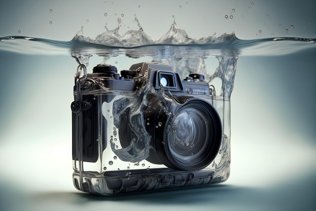 Fotocamera reflex moderna che cade sott'acqua con spruzzi d'acqua arte generata dalla rete neurale