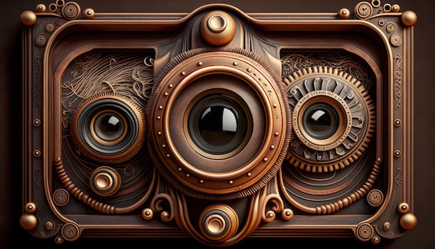 Fotocamera retrò futuristica con dettagli steampunk IA generativa