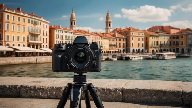 Fotocamera su treppiede con vista sul fiume e sulla città