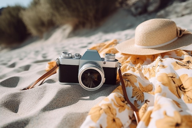 Fotocamera vicino a eleganti costumi da bagno