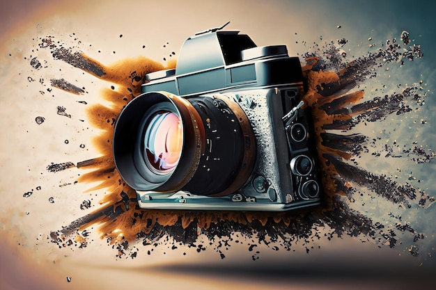 Fotocamera vintage che esplode concetto di illustrazione per il giorno della fotografia