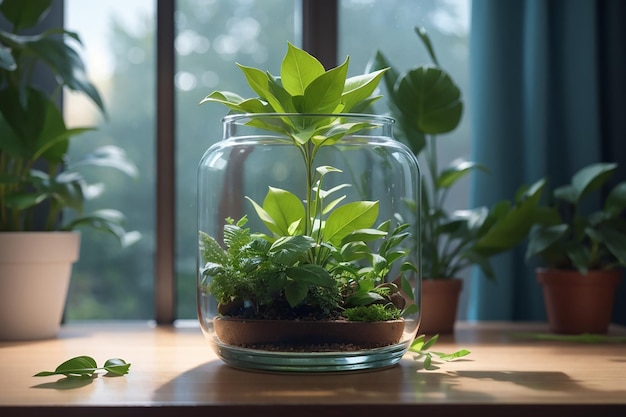 Fotografa una pianta che cresce in un vaso di vetro da cui cresce una pianta