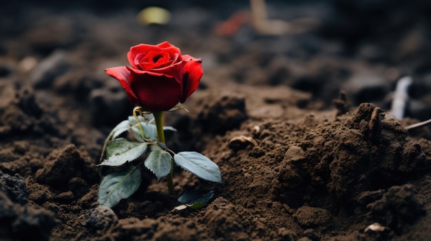 Fotografare da vicino il fiore di rosa rossa nella terra