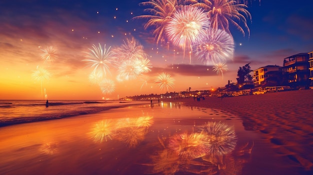 Fotografare fuochi d'artificio in spiaggia al mare ea Capodanno GENERATE AI