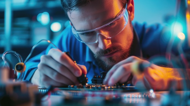 Fotografare un uomo che indossa occhiali che lavora su una scheda a circuito in una stanza buia