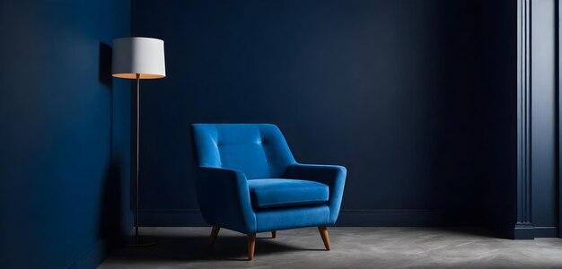 Fotografare una sedia blu con una sedia blu di legno con una lampada sul lato