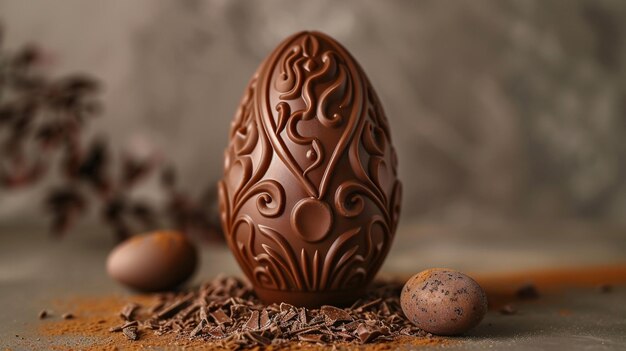 Fotografate un uovo meticolosamente realizzato interamente di cioccolato sullo sfondo minimalista