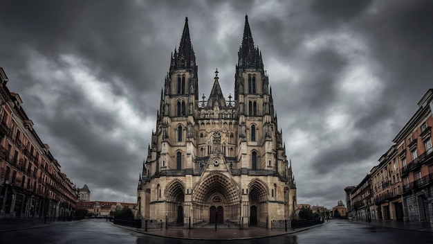 Fotografia a bassa angolazione della storica cattedrale di León in Spagna sotto il cielo nuvoloso