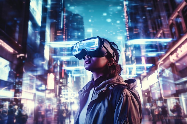 Fotografia a doppia esposizione del giocatore VR in primo piano e della bellissima città fantascientifica AI generativa