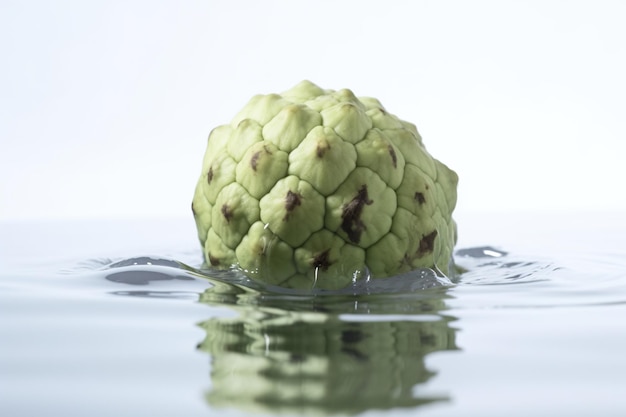 Fotografia accattivante di una mela di crema che galleggia nell'acqua bianca sullo sfondo sereno e rinfrescante