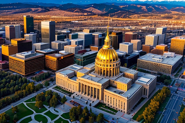 Fotografia aerea del drone Splendido tramonto dorato sull'edificio della capitale dello stato del Colorado e Rocky Mo