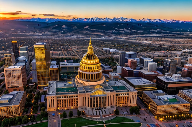 Fotografia aerea del drone Splendido tramonto dorato sull'edificio della capitale dello stato del Colorado e Rocky Mo