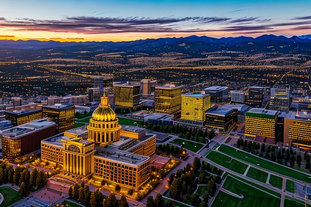 Fotografia aerea del drone Splendido tramonto dorato sull'edificio della capitale dello stato del Colorado e Rocky Mo