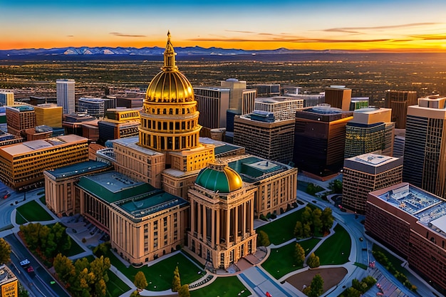 Fotografia aerea del drone Splendido tramonto dorato sull'edificio della capitale dello stato del Colorado e Rocky Mo