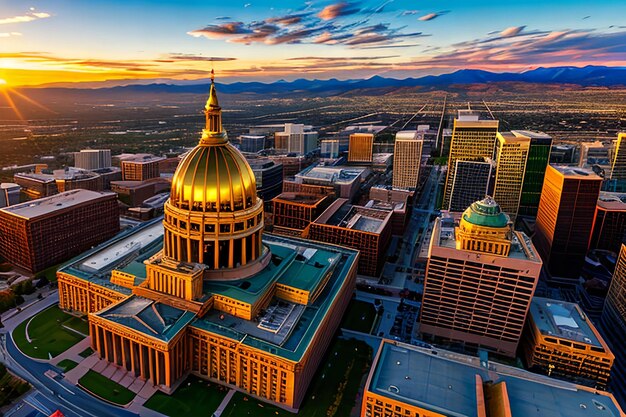 Fotografia aerea del drone Splendido tramonto dorato sull'edificio della capitale dello stato del Colorado e Rocky Mo