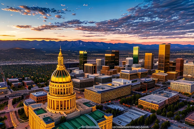 Fotografia aerea del drone Splendido tramonto dorato sull'edificio della capitale dello stato del Colorado e Rocky Mo