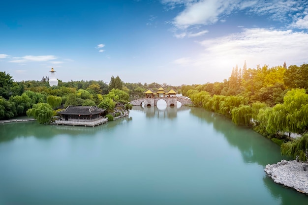 Fotografia aerea del paesaggio del giardino cinese di Slender West Lake a Yangzhou