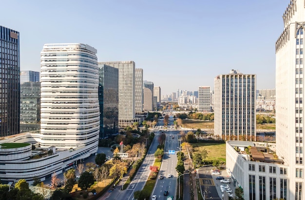 Fotografia aerea del paesaggio urbano moderno di Hangzhou, Cina