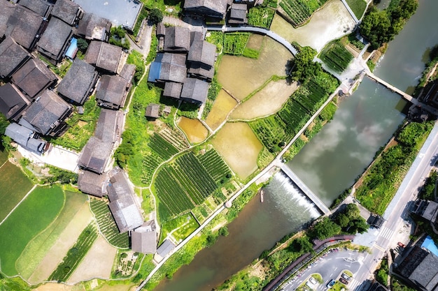 Fotografia aerea del panorama del paesaggio pastorale di Liuzhou Sanjiang Chengyang Bazhai