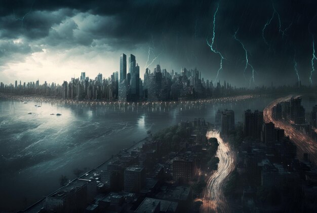 Fotografia aerea di una grande tempesta, creata con l'IA generativa