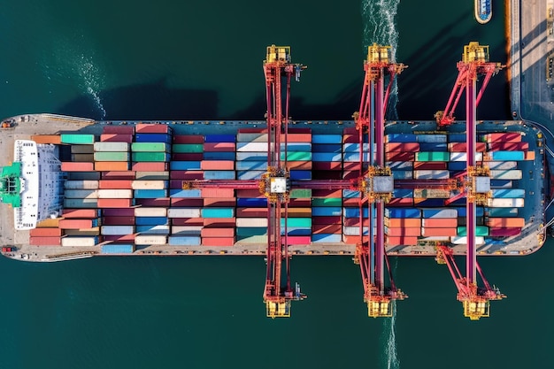 Fotografia aerea di una nave da carico ormeggiata in un porto con container che vengono caricati o scaricati