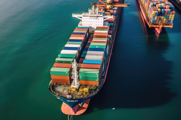 Fotografia aerea di una nave da carico ormeggiata in un porto con container che vengono caricati o scaricati