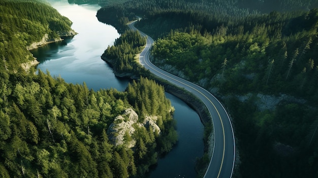 Fotografia aerea di una strada lungo la costa in estate IA generativa