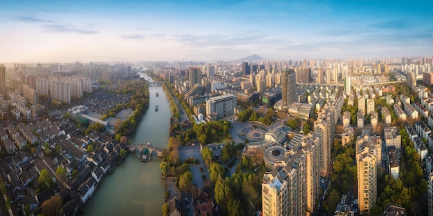 Fotografia aerea Hangzhou centro città edificio paesaggio skyline panorama