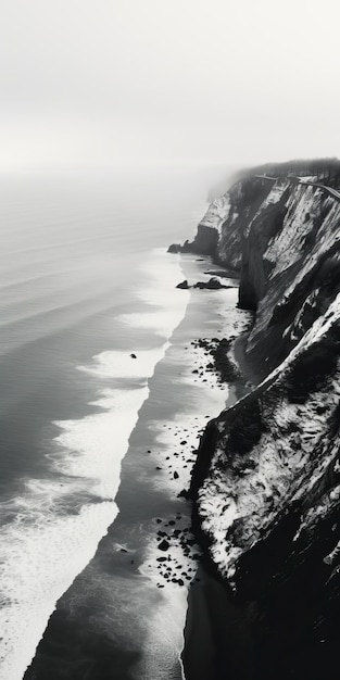 Fotografia aerea in bianco e nero del paesaggio costiero