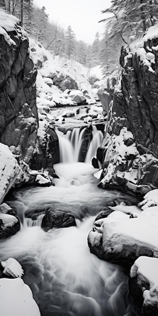 Fotografia aerea in bianco e nero della cascata invernale e della spiaggia rocciosa