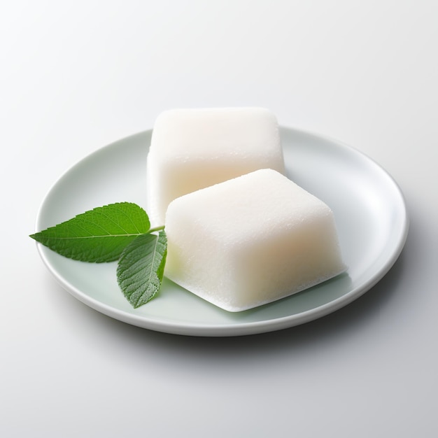 Fotografia alimentare di Mochi su piastra isolata su sfondo bianco