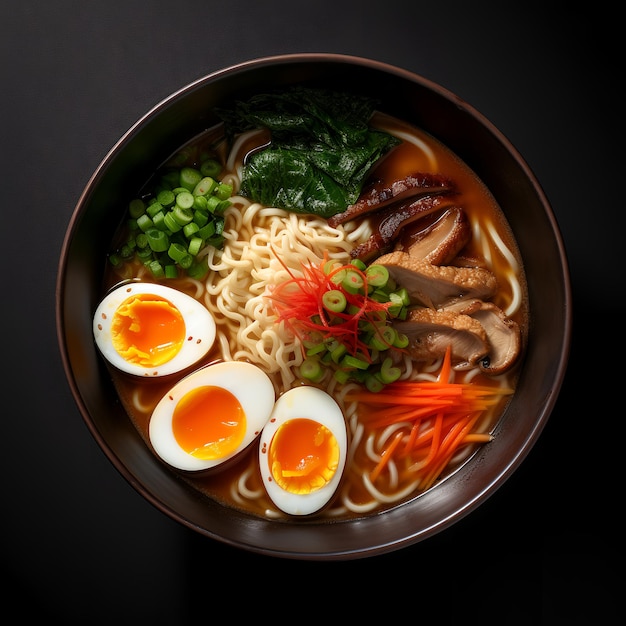 Fotografia alimentare di Ramen su ciotola scura isolata su sfondo scuro