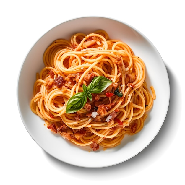 Fotografia alimentare di spaghetti su piatto isolato su sfondo bianco