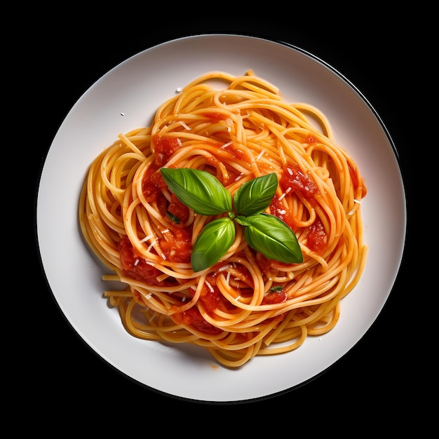 Fotografia alimentare di spaghetti su piatto isolato su sfondo nero