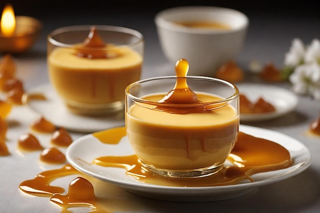 Fotografia alimentare di un dolce dessert al caramello che cattura la bellezza indulgente della cremosa crema di vaniglia coperta da un delizioso strato di zucchero caramellato