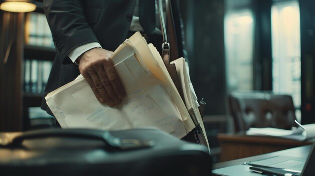 Fotografia anteriore di un direttore d'ufficio con i documenti in mano