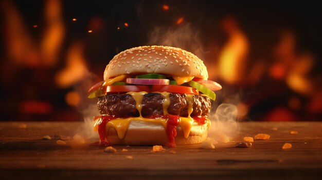 Fotografia avvincente di un hamburger succoso e patatine fritte con il fuoco AI generativa