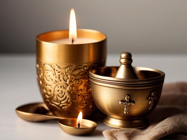 Fotografia candela coppa d'oro ciotola e croce sul tavolo su sfondo bianco spazio per il testo