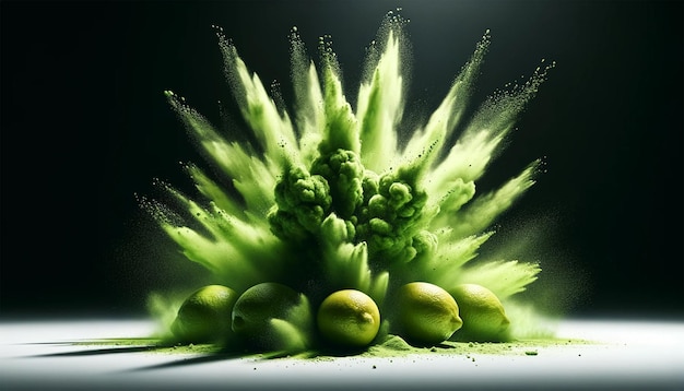 Fotografia commerciale con una potente esplosione di polvere verde intorno ai limoni freschi