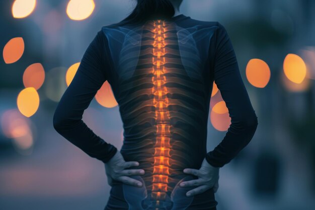 Fotografia con la colonna vertebrale evidenziata di una donna con mal di schiena
