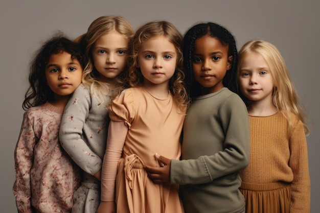 Fotografia creata con l'AI di diverse ragazze di diverse etnie su uno sfondo grigio con abiti diversi Concetto di uguaglianza sociale e inclusione