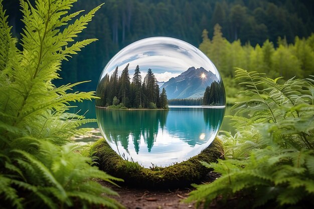 Fotografia creativa a sfera di cristallo di un lago con alta vegetazione intorno