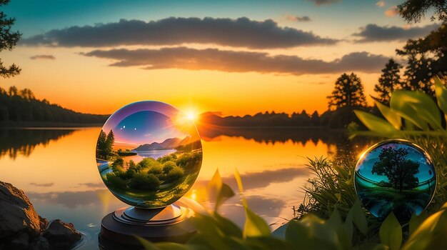 Fotografia creativa a sfera di cristallo di verdure e un lago al tramonto