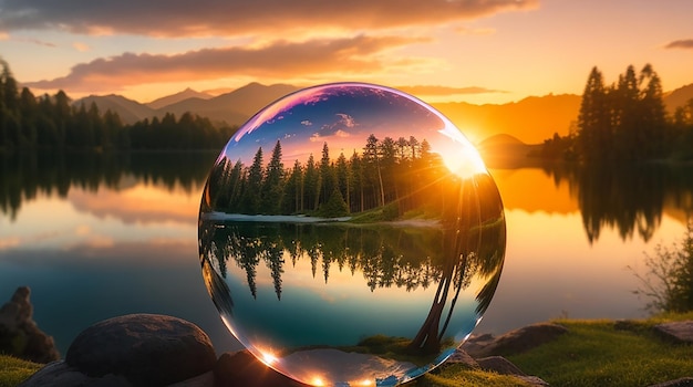 Fotografia creativa a sfera di cristallo di verdure e un lago al tramonto