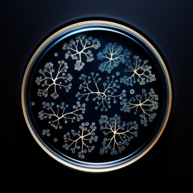 Fotografia da vicino di una piastra di Petri con batteri e colture su uno sfondo scuro